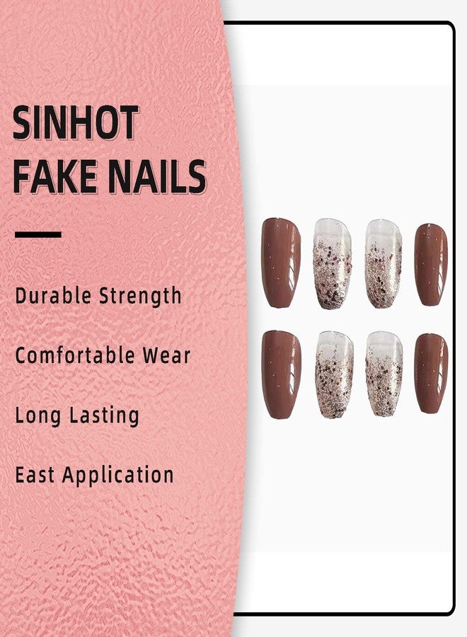 SINHOT Coffin Press on Nails Medium Ballerina Glossy Glue on Nails Brown Gradient Acrylic False Nails Designs 24 pcs - Image 4